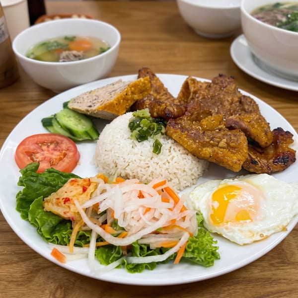 Vietnamese broken rice dish with grilled pork, fried egg, and pickled vegetables on a wooden table.