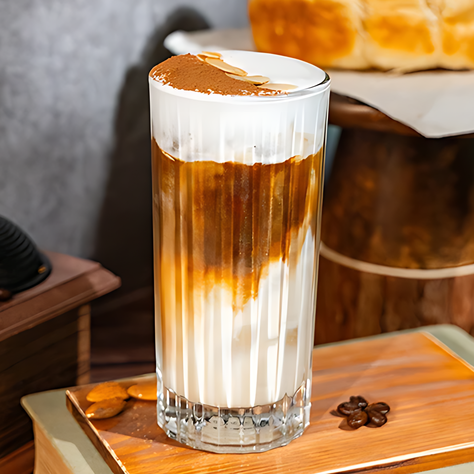 Iced coffee with foamed milk, cocoa powder, and almond slivers, next to coffee beans.